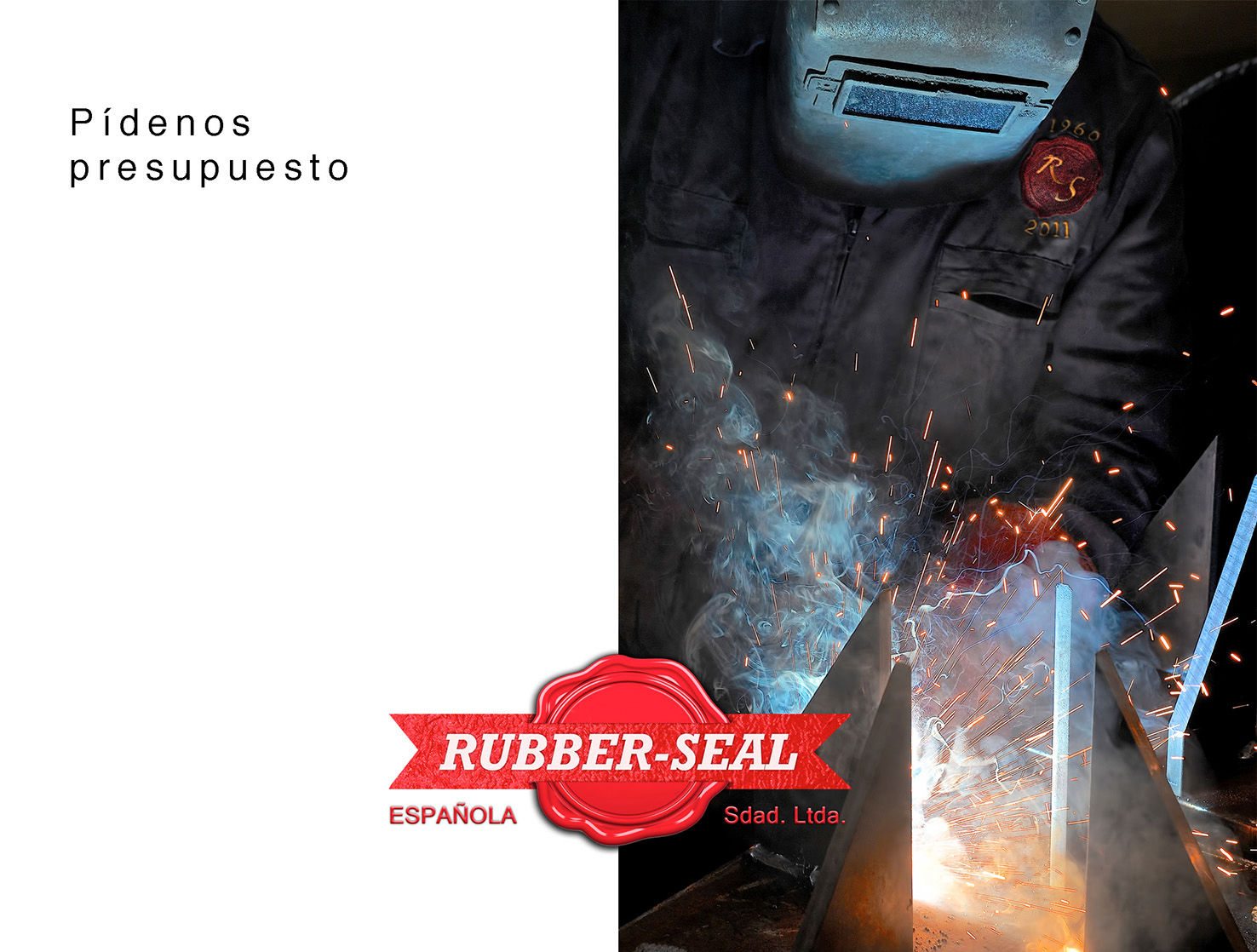 Proceso de soldadura en la fabricación de estructuras metálicas, con un operario utilizando equipo de protección y generando chispas y humo durante el trabajo. Se aprecia el logotipo de la empresa Rubber Seal Española en el uniforme.